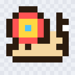 A pixel-art snail with a red, yellow and blue shell