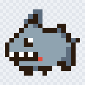 A grey pixel-art robot shark with a toothy grin