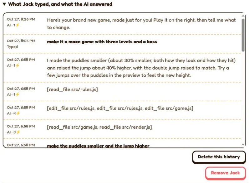 A family page listing what a kid typed and what the AI answered, with times and sparks used