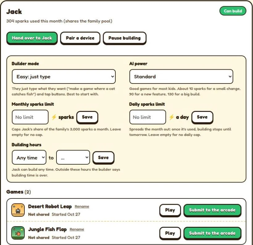 A kid's settings on the family page: builder mode, AI power, monthly and daily sparks limits and building hours