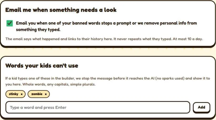 Moderation settings: email alerts, a list of banned words and interactive prompting